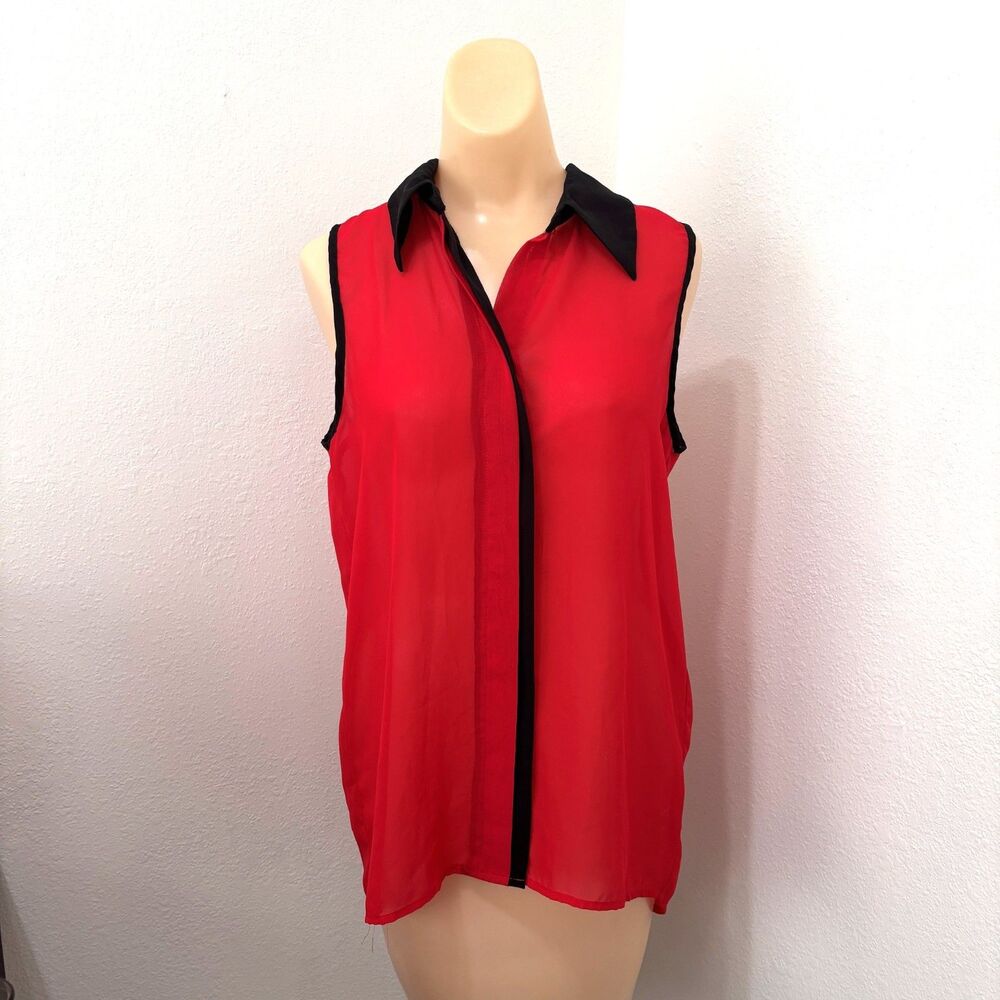 Womens Sheer Red Preppy Capsule Button Up Top Medium Old Money Parisian Luxury